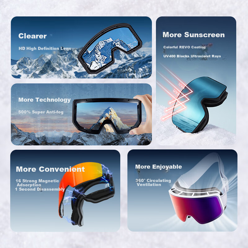 JD Original [Five-Star Certified] Ski Goggles, Anti-Fog And Windproof Protective Eyewear, Professional Ski Glasses for Men And Women, Snow Mountain Silver