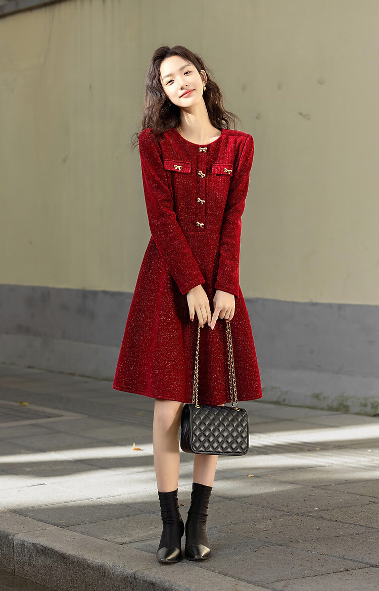 DME "New Year and Roses" Autumn/Winter Velvet Touch Shiny Silk Butterfly Bow Decorated Bubble Sleeve Waist-Enhancing Elegant Women's Dress 12