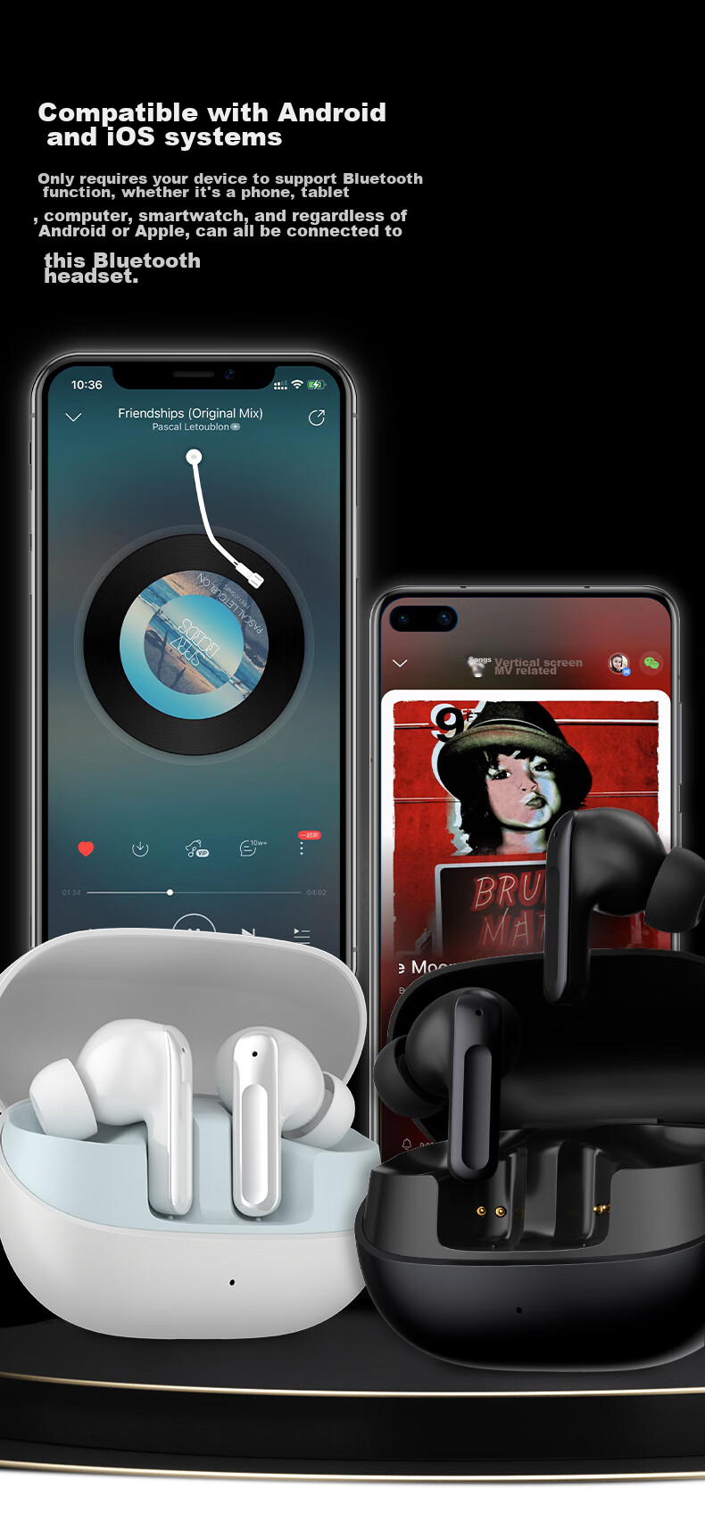 Newmine Q7 True Wireless Bluetooth Earphones, ANC Active Noise Cancellation Headphones, Sports Running Call Noise Reduction, In-Ear Low Latency Ultra-Long Battery Life Universal for Apple Xiaomi Huawei White 9