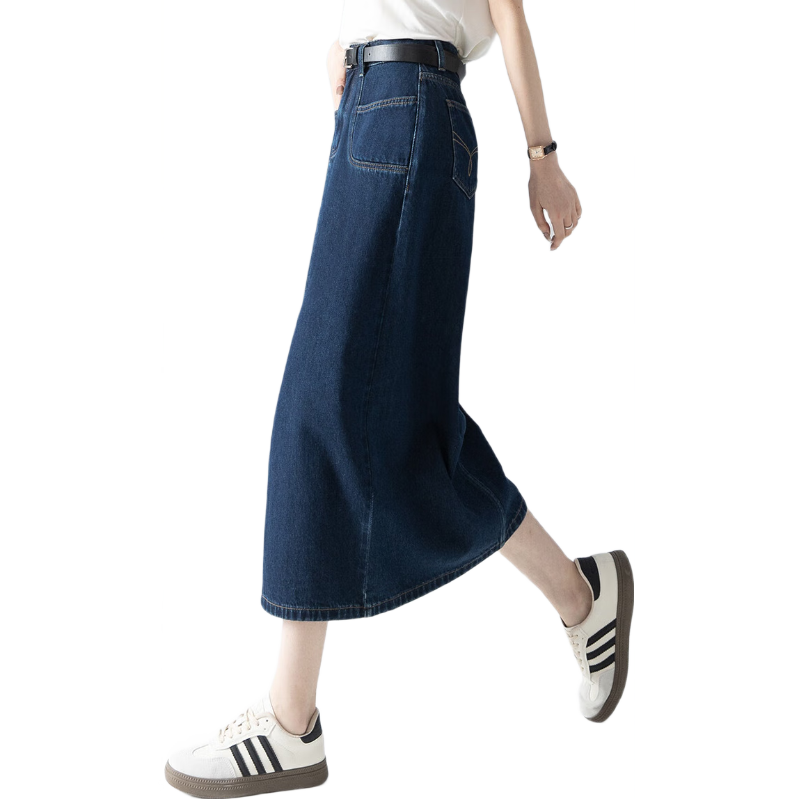 Dme New High-Waisted Vintage Straight Loose A-Line Mid-Length Denim Skirt for Women, Dark Blue, Size 28