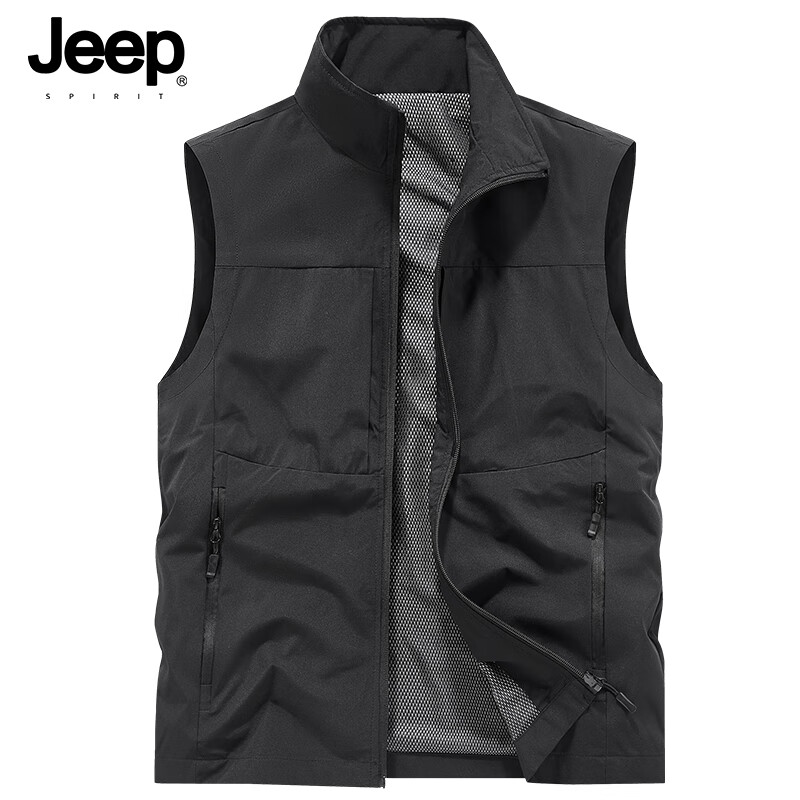 JEEP SPIRIT Men's Outdoor Casual Quick-Dry Vest Breathable Simple Stand Collar Photography Jacket Black L