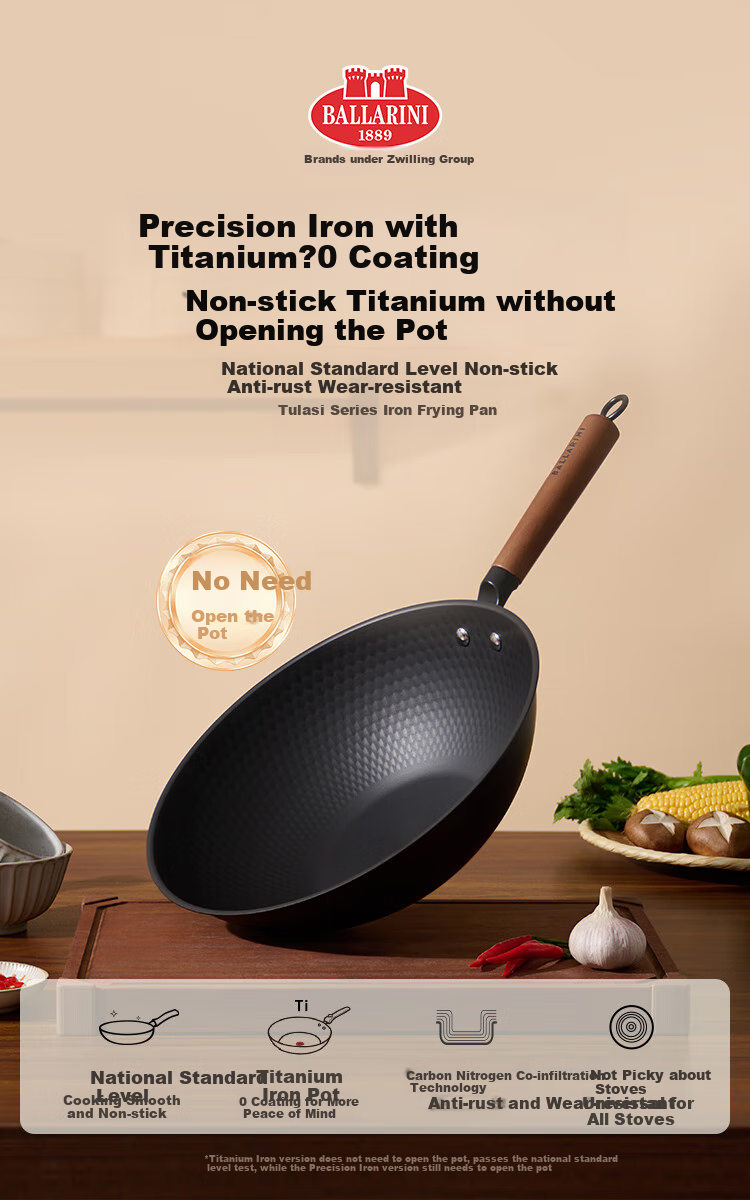 BALLARINI Titanium Non-Coated Seasoned Iron Wok, Suitable for Induction Cookers, Large Diameter Stir-Fry Pan, 32CM 1