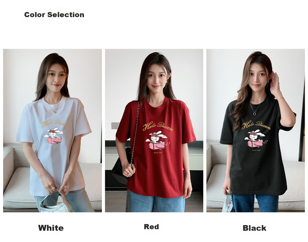 Halo Queen Women's Summer Short-Sleeve Round Neck T-Shirt, Cute Rabbit Print T-Shirt, Loose-Fitting Slimming Top, Women's H143T1417 15