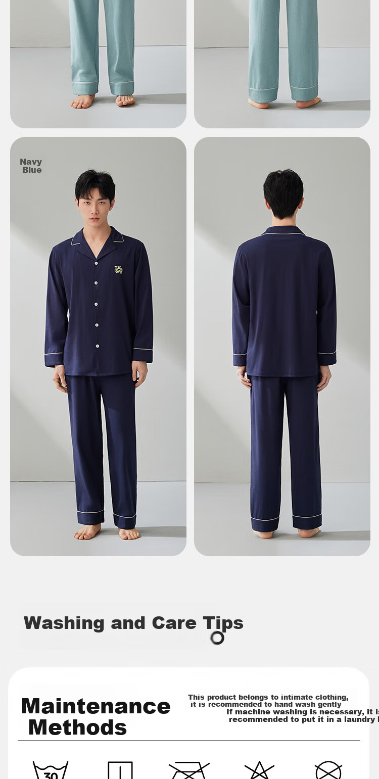 HLA Men's Pajamas, Turn-Down Collar, Pure Cotton 95%, 10% Antibacterial, Comfortable, Suitable for Outdoor Wear, Long-Sleeve Top And Long Pants, Home Loungewear Set 9