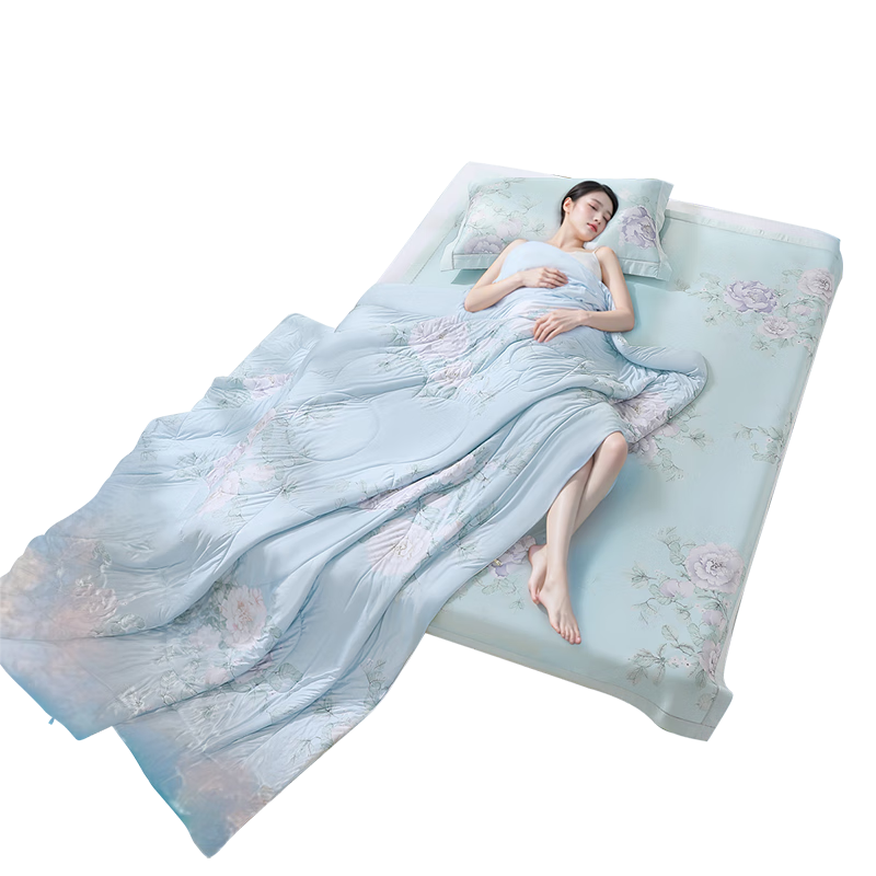 FUANNA Class A Washable Cooling Four-Piece Set Cold and Warm Dual-Feel Summer Quilt + Antibacterial Printed Cooling Mat Three-Piece Set for 1.5m Bed