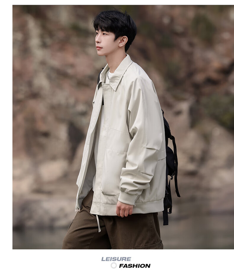 IZEXX Lapel Jacket for Men, Autumn Baen Style Trendy Casual Outerwear, Loose Fit Youth Jacket HZ10 Amber Black M 2