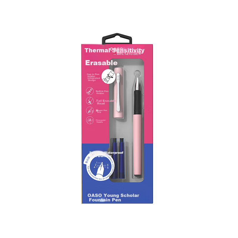 [Back to School Essential] OASO Erasable Fountain Pen for Primary School Students' Posture Correction And Handwriting Practice in Third Grade, Replaceable Ink Cartridge (Cherry Blossom Pink), Blue Erasable Ink Cartridge
