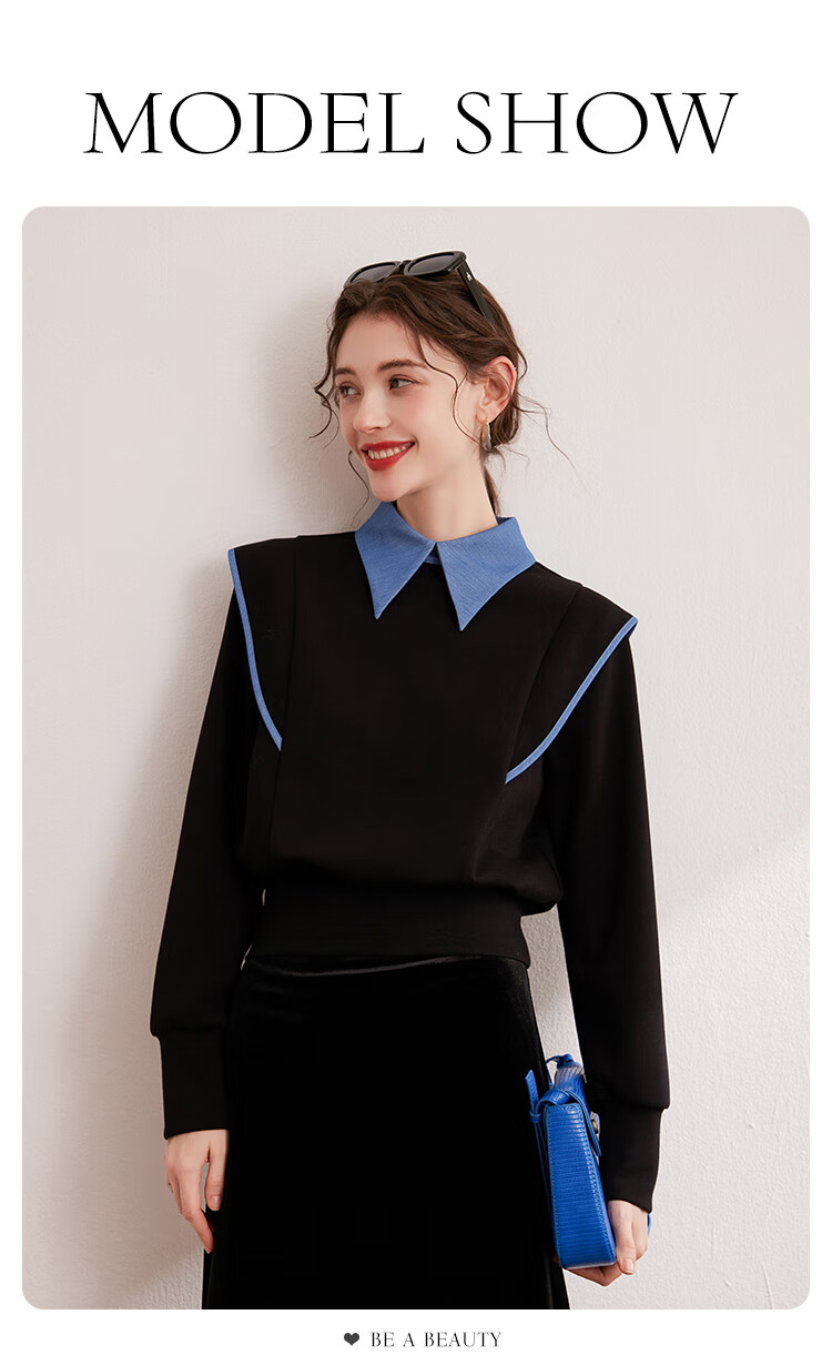 Bailuyu Colorblock Spliced Fake Two-Piece Pullover Sweatshirt Autumn New Fashion Small Flying Sleeve Patch Top Women Black L 4