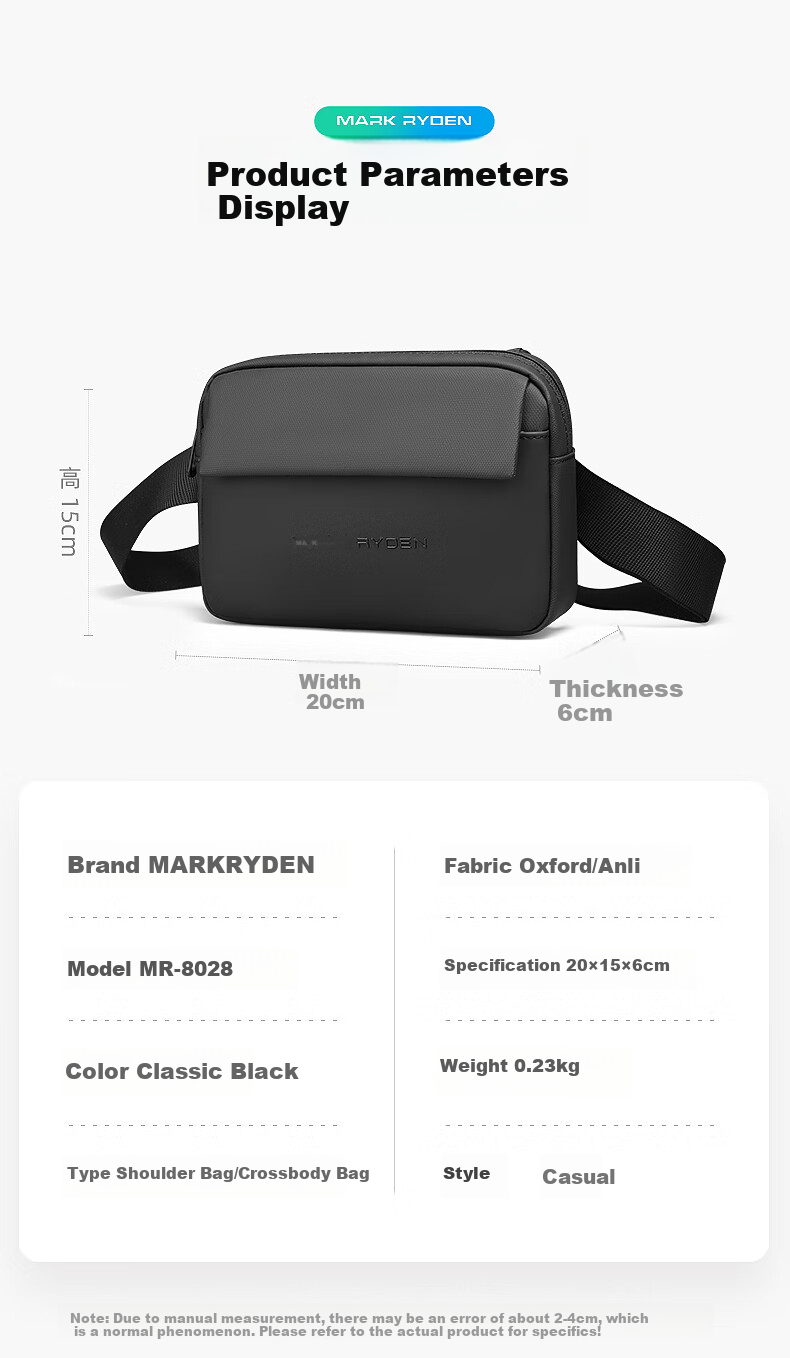 MARK RYDEN Chest Bag, Men's Bag, Sports Casual Shoulder Bag, Stylish Trendy Multifunctional Messenger Bag, MR8028 Elegant Black 9