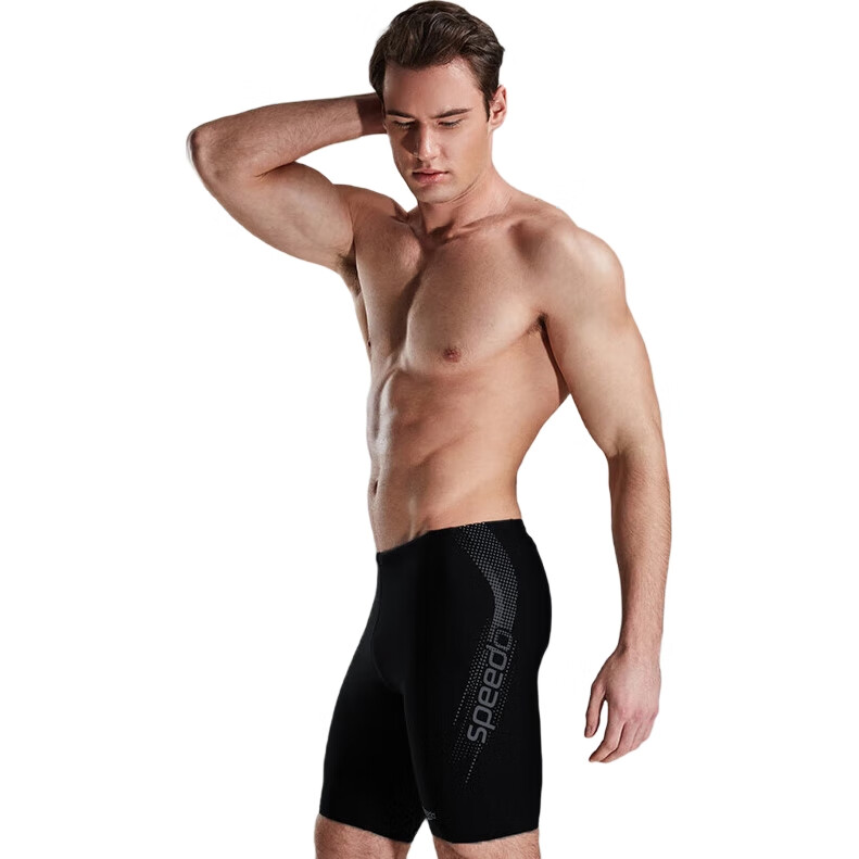 Мужские плавки Speedo, стильные и удобные, профессиональные тренировочные шорты до колена с высокой эластичностью и быстрым высыханием, черные/серые, размер 32