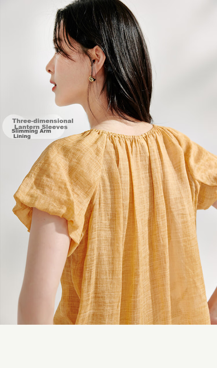 Inman French Style Ramie Cotton Lantern Sleeve Shirt Summer Women's Casual Design Lazy Short Sleeve Top Light Blue XL 7