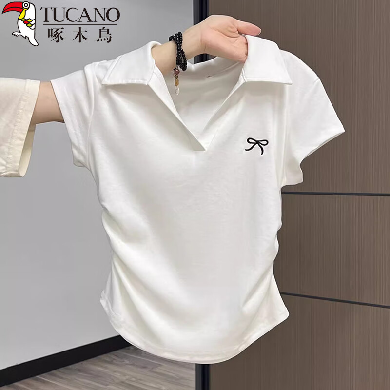 Woodpecker POLO Collar Pure Desire Short Sleeve Bow Embroidery Shoulder T-Shirt Women Slim Fit Cropped Top White L