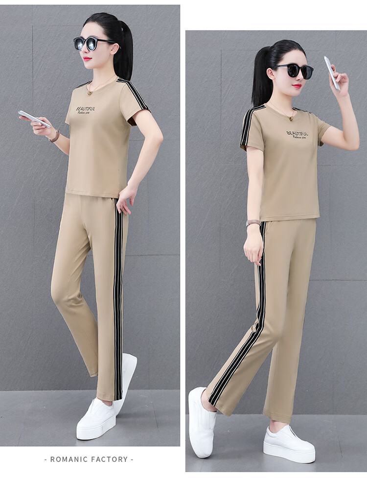 Woodpecker Pure Cotton Women's Summer Sportswear Set Loose Short Sleeve Long Pants Middle-aged Mom Casual Two-piece Suit Royal Blue 4XL 17