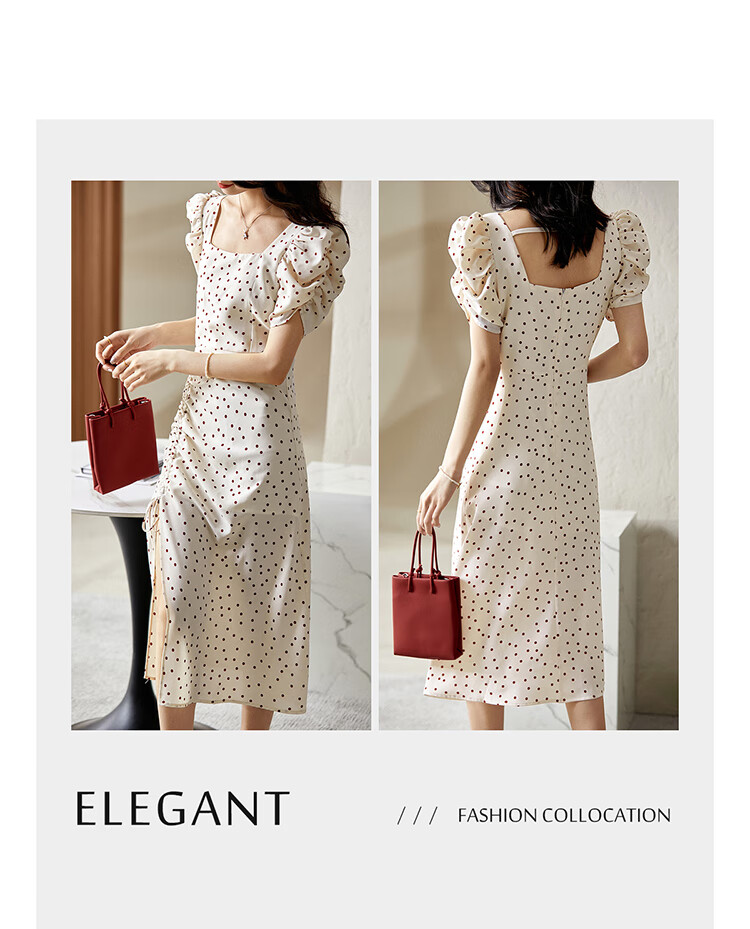 Sentubila French-Style Dress for Women, Summer Square Neckline, Ruched Sleeves, Vintage Polka Dot, Pleated Slit A-Line Skirt 11