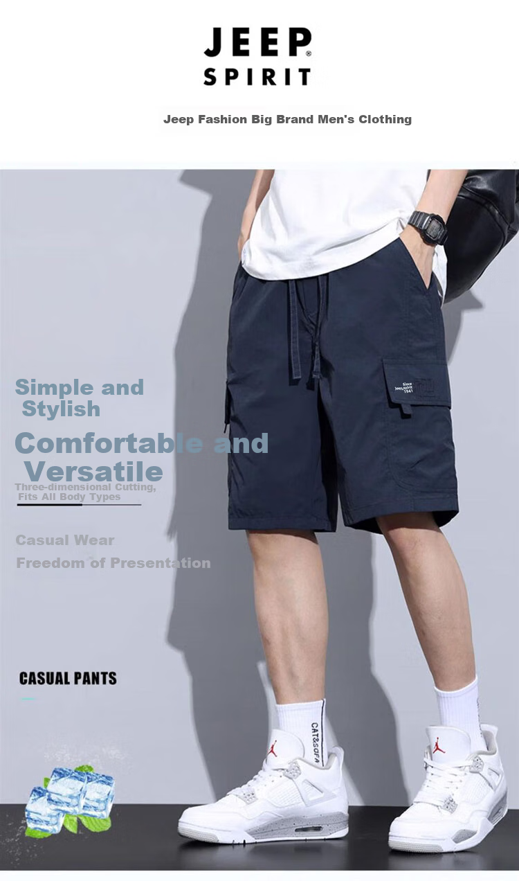 JEEP SPIRIT Ice Silk Cargo Shorts for Men, Summer Lightweight Loose-Fit American-Style Casual Five-Point Pants, Royal Blue, L 1