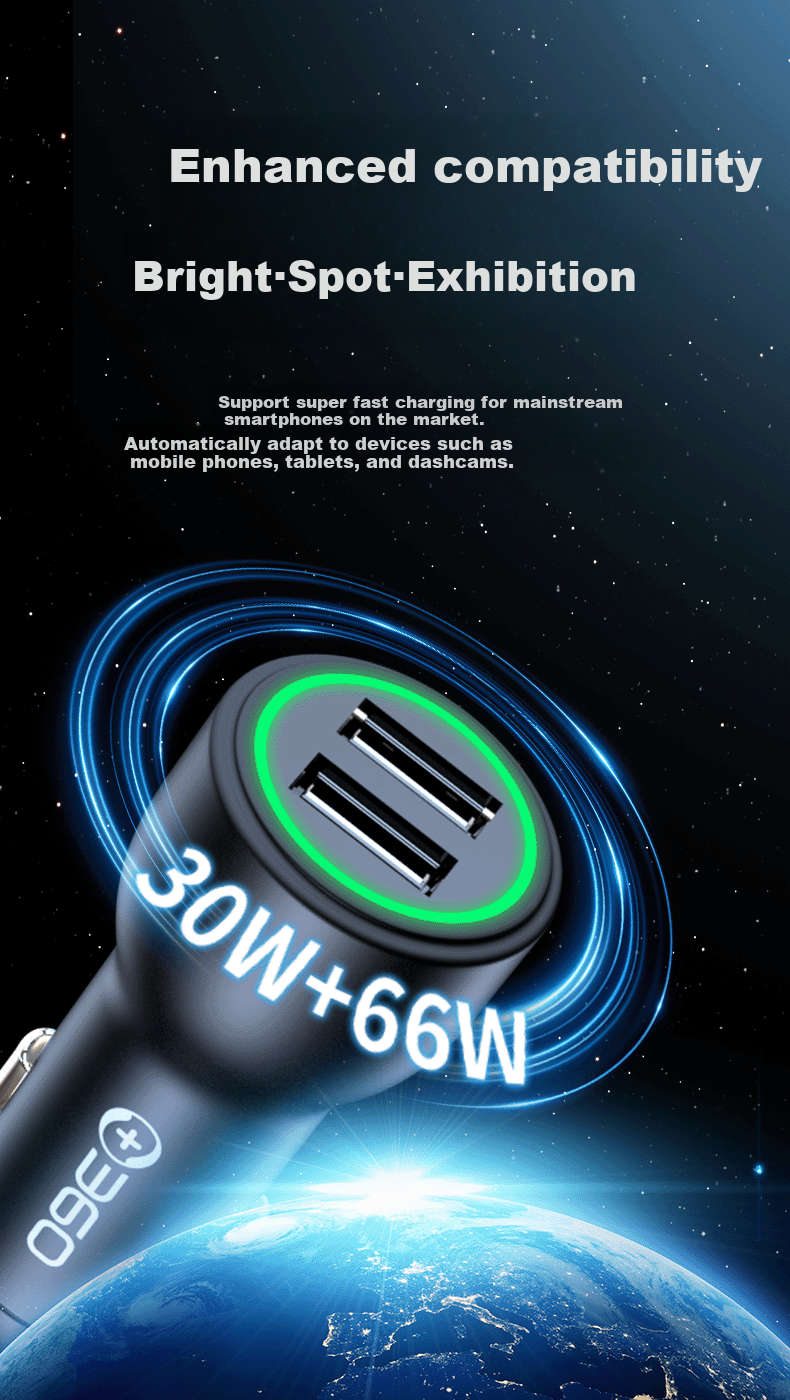 360 Car Charger Data Cable Set, Dual USB Ports, 66W+30W Super Fast Charging, HC-69 Cigarette Lighter Adapter, Two-In Converter, Compatible with Apple And Huawei 1