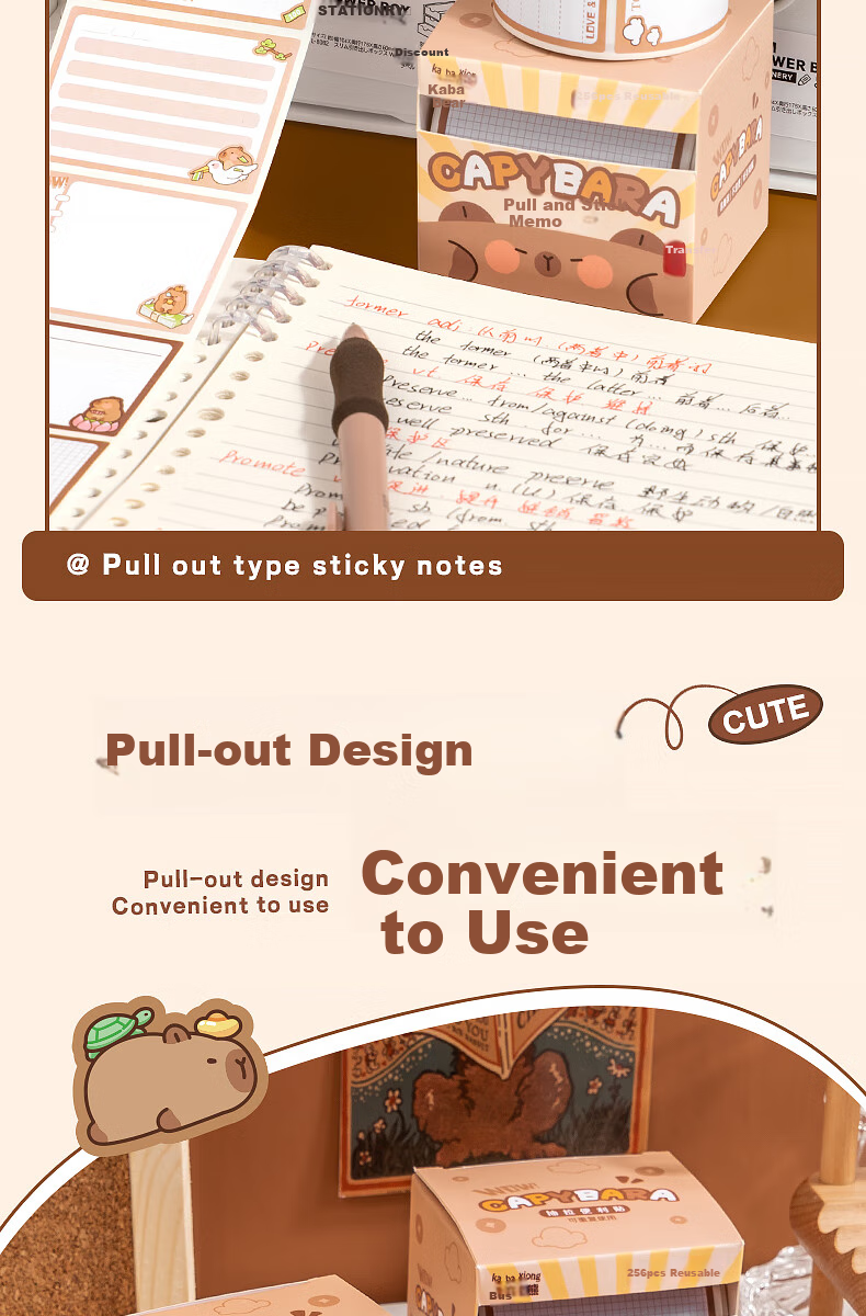 Kabaxiong Pull-Out Sticky Notes 256 Pieces, High-Quality Cartoon Cute Student Memo Pads, Strong Adhesive Medium-Sized Sticky Notes, Kapibara 2