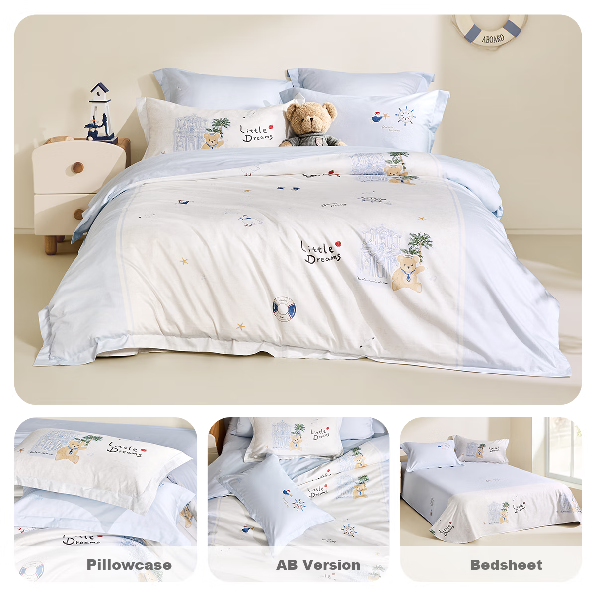 Luolaikids Three-Piece Set, Maternal And Infant Class A 60-Count Ultra-Soft Pure Cotton Dormitory Single Bed Sheet, Cotton Duvet Cover Pillowcase, 150*215