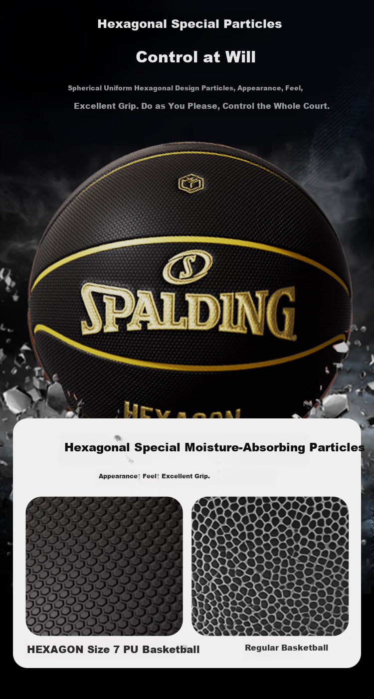 JD Original | Spalding Co-Branded HEXAGON Series No. 7 PU Adult Basketball, Moisture-Absorbing Standard Size 7 Ball, Black And Gold 2