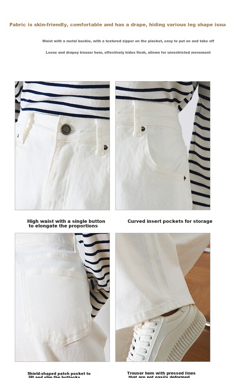 Oulain Narrow Jeans for Women, Autumn High-Waisted Loose Casual Straight-Leg Wide-Leg Pants, Off-White, S 11