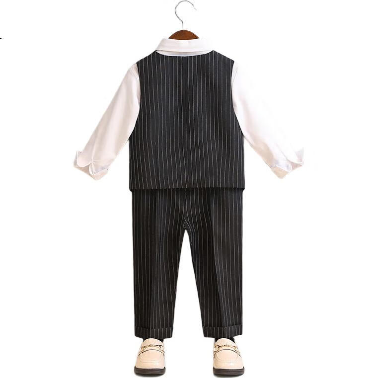 LUOBOBEIBEI Children's Formal Wear Spring And Summer Style Boys' British Striped Vest New Year's Outfit Set, Black Long-Sleeve Four-Piece Set, Size 140