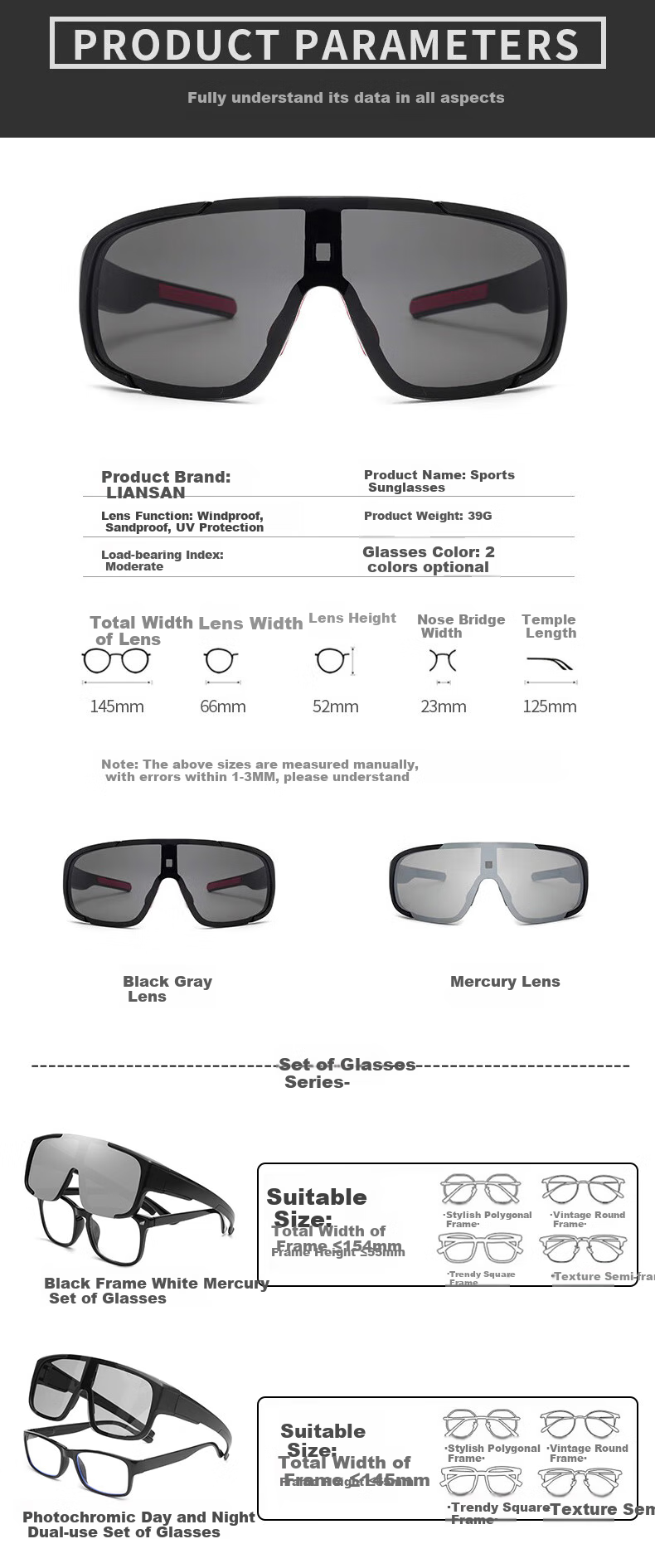 Lianshang Polarized Cycling Sunglasses, Day And Night Use, Unisex, Windproof And Sandproof, Outdoor Running, Photochromic 14