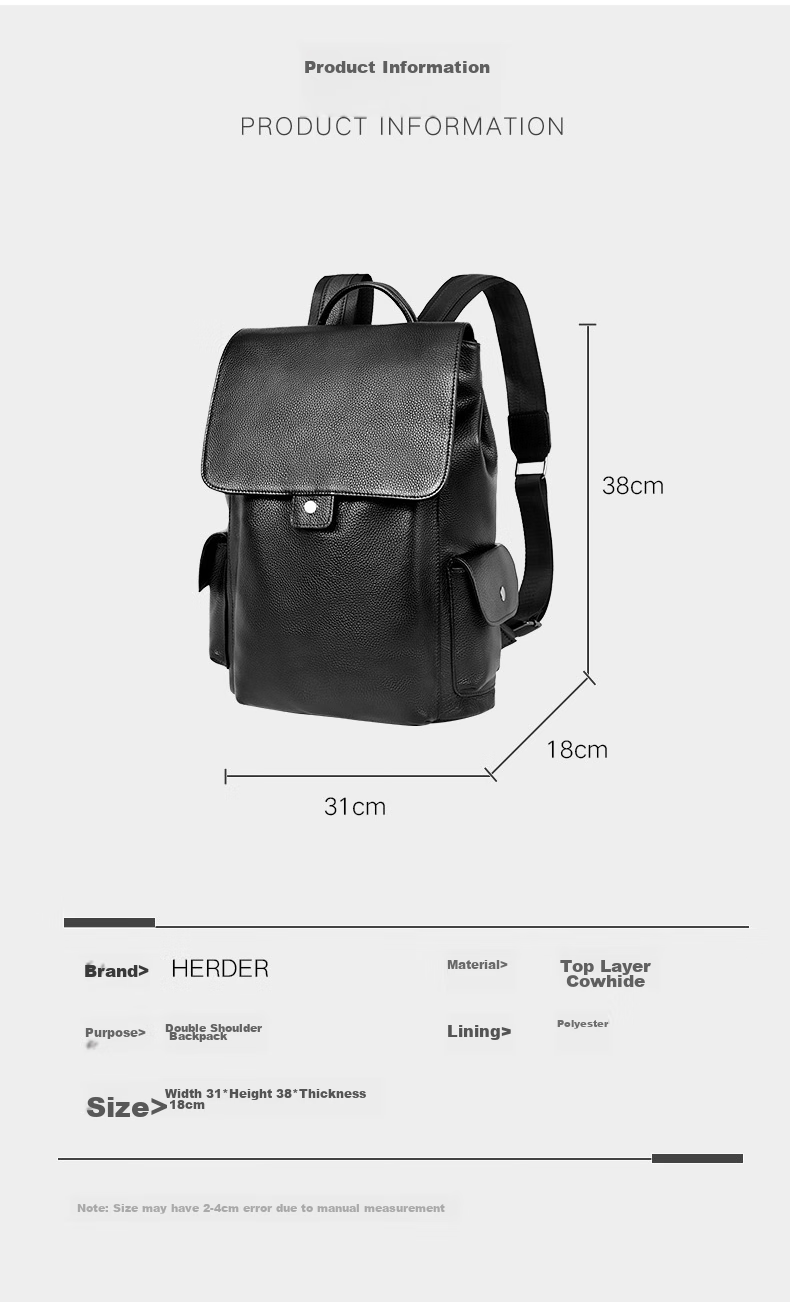 Herder Men's Backpack, Top-Grain Leather, Business Large Capacity, Trendy Casual Multifunctional Schoolbag, Travel Laptop Bag 5