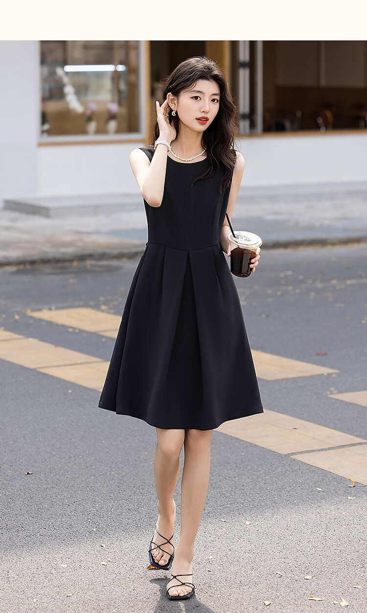 Dme [Urban Design Style] Summer Textured Linen Round Neck Waist-Cinching A-Line Pleated Women's Dress 18