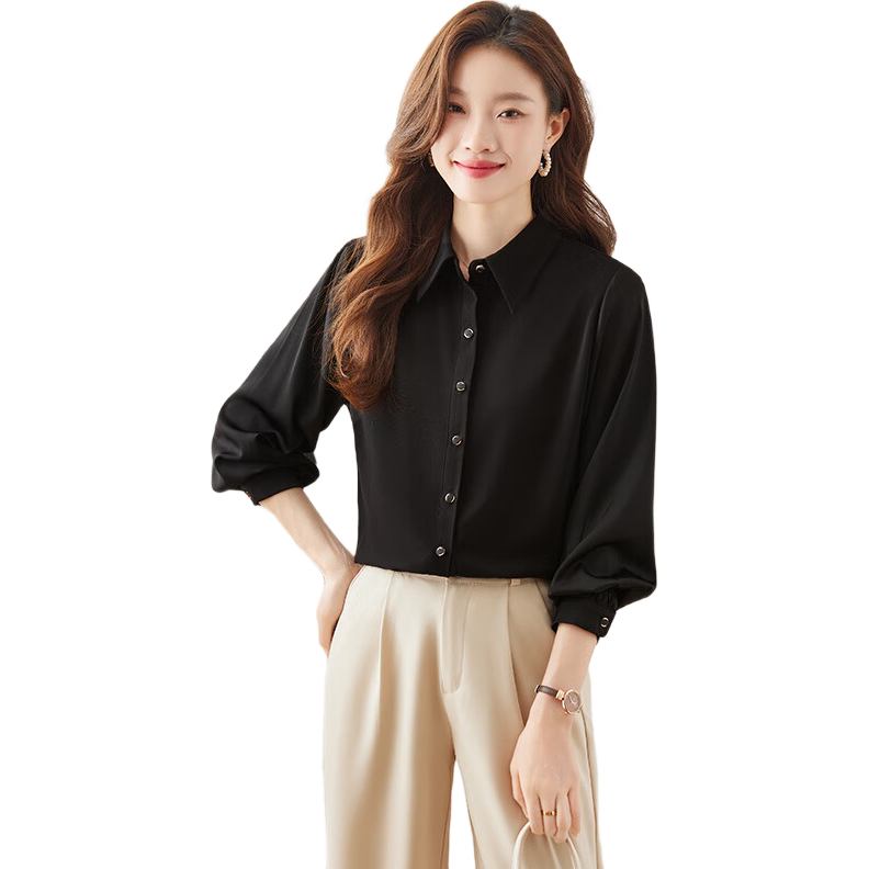 Jeanswest Women's Casual Versatile Lapel Long-Sleeve Shirt, Elegant Commuter Solid Color Blouse, Black, Size S, Summer 2026