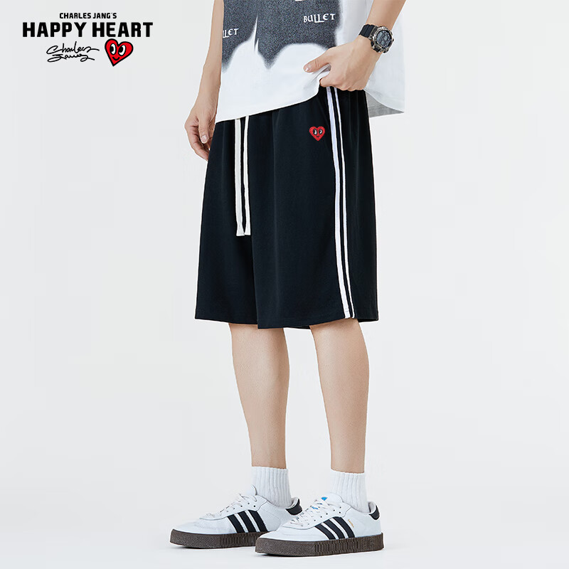 Charles Peach Heart Men's Casual Shorts Summer Classic Striped Loose Drawstring Five-Point Sports Beach Pants Black M