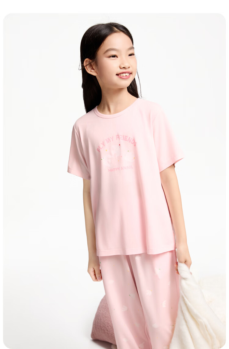 Annil Girls' Home Wear Set, 2025 Summer New Style, Breathable Modal, Pink Loose Pajamas And Pants 3