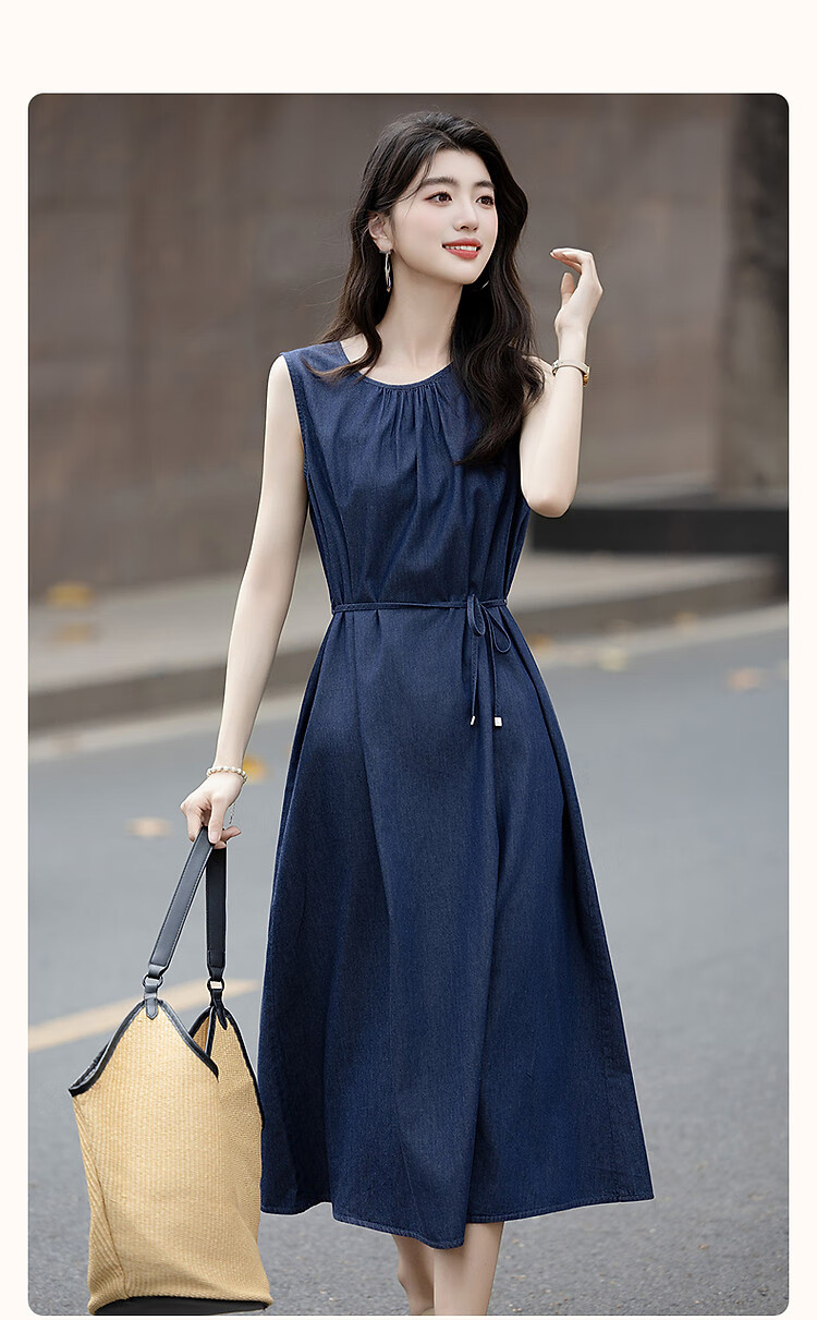 Demana Pure Cotton Private Talk Summer Lightweight Slim Pleated Round Neck Denim Sleeveless Tie Women's Dress 2