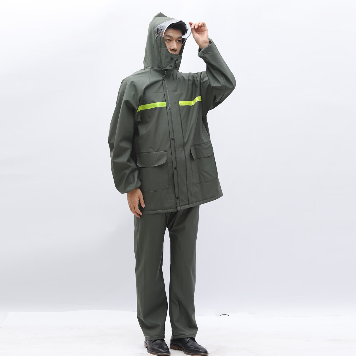 BAIGE High-Visibility Reflective Two-Piece Raincoat and Rain Pants Outdoor Adult Anti-Storm Rider Duty Flood Control Knitted Fabric Hooded Set Two-Piece Set Green 2XL CW714081 3