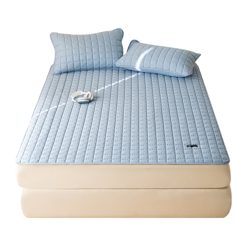 KING SHORE Mattress Pad Single Bed Thin Protective Mat for Student Dormitory, 1.5x2 Meters, Grid Pattern - Misty Blue