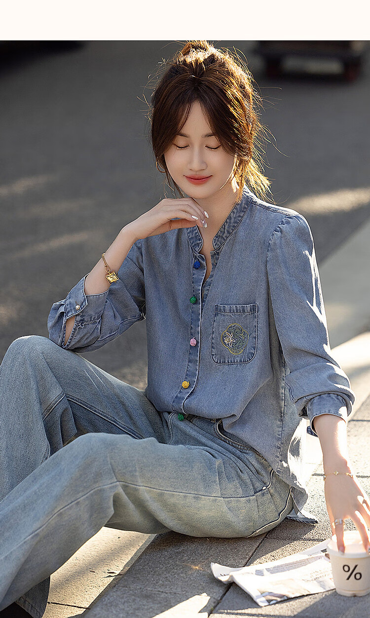 Dme [100% Lyocell Fiber] Spring Light Luxury Chinese Style Embroidered Shirt, Stand-Up Collar, Colorful Button Blouse, Women's Top 13