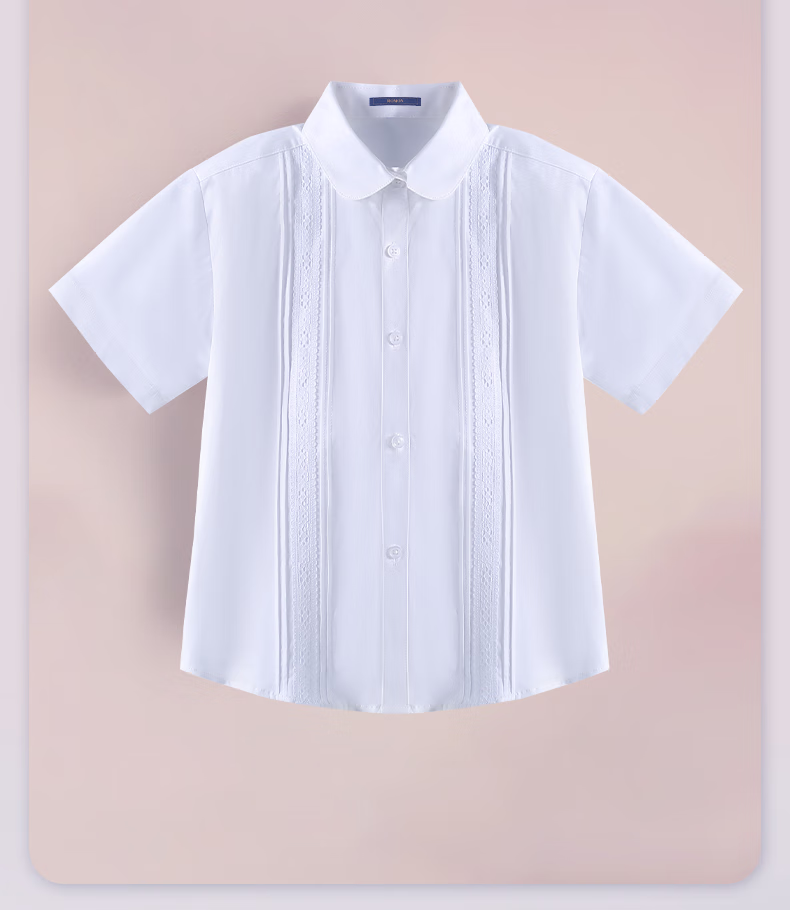 Luomeng Girls' Short-Sleeve Lace Trim White Shirt, School Uniform, Student Performance Costume, Children's Half-Sleeve Blouse, White, Size 170 3