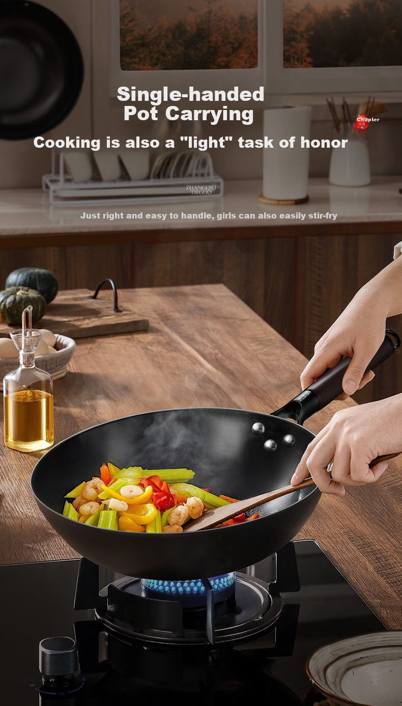 Royalstar Zhangqiu Wok Iron Pan Non-Coated Non-Stick Pan for Home Use Forged Stir-Fry Pan Flat Bottom Compatible with Induction Cooker And Open Flame with Lid 34cm 9