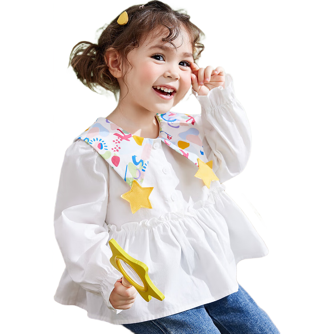 ASK JUNIOR Girls' Shirt, Autumn 2026, Toddler Star Pattern, Large Lapel Collar, Ruffle Hem, Children's Casual Shirt, White, Size 100