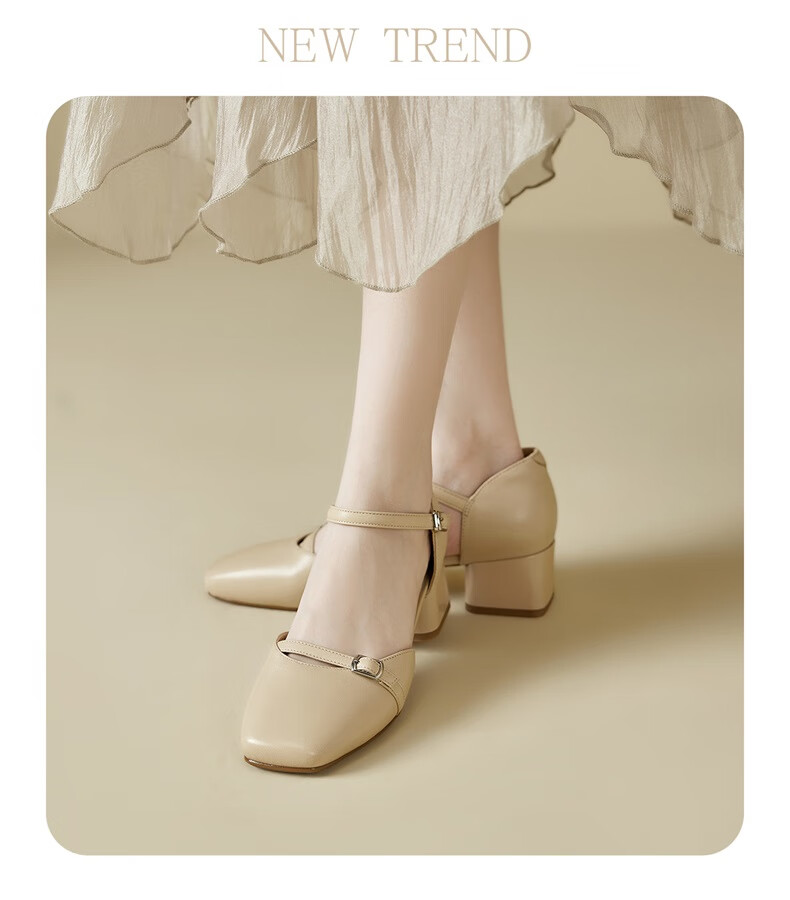 Yierkang Women's Sheepskin Chunky Heel Closed-Toe Sandals, Fairy-Style Mary Jane Backless Pumps, 17896W Off-White 2, Size 36 6