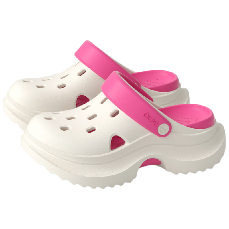 Poxi Summer Beach Platform Heightening Casual Crocs for Petite Women, White + Raspberry, Size 38-39