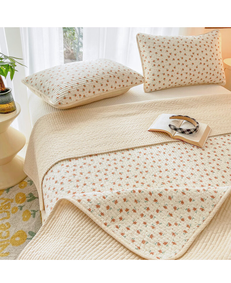 Wuyinliangpin Class A Double-Sided Pure Cotton Bed Sheet, Quilted Double Bed Cover, Bedspread Three-Piece Set, Bed Sheet 200*230cm, Floral Patter 3