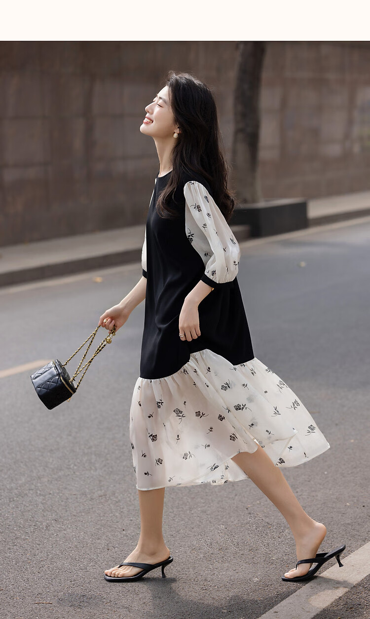 Demana [Smooth 80D Slub] Summer Elegant Loose Waist Ruffle Hem Printed Colorblock Women's Dress 16