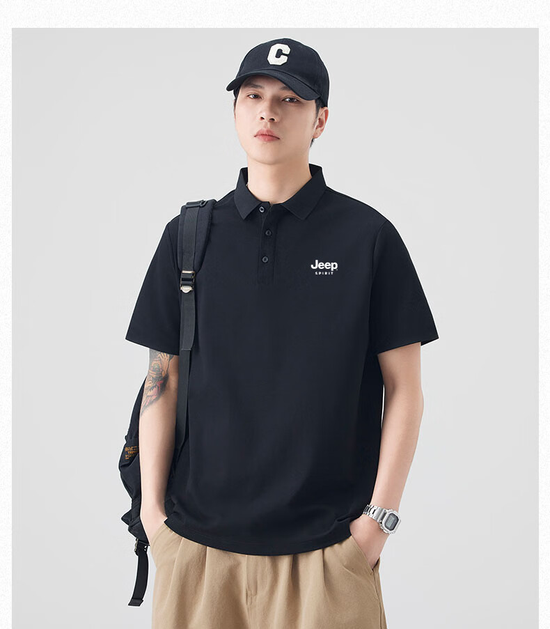 JEEP Men's Summer Lightweight Heavy Cotton Feel Breathable Polo Shirt Business Cool Collar Top Beige M 13