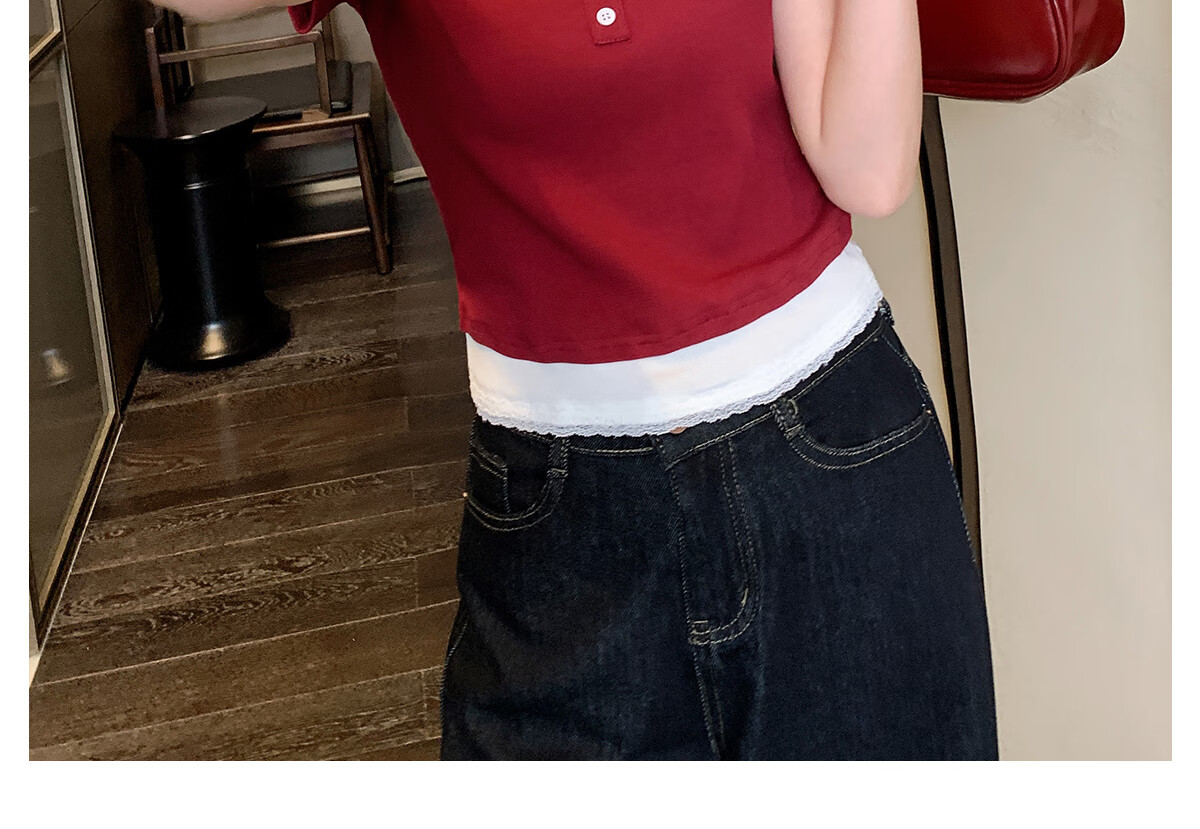 Halo Queen Women's Short-Sleeve T-Shirt, Round Neck, Red And White Contrasting Color Lace Splicing, Slim-Fit Embroidered Bow Waist-Cinching Slimming H52T076 21