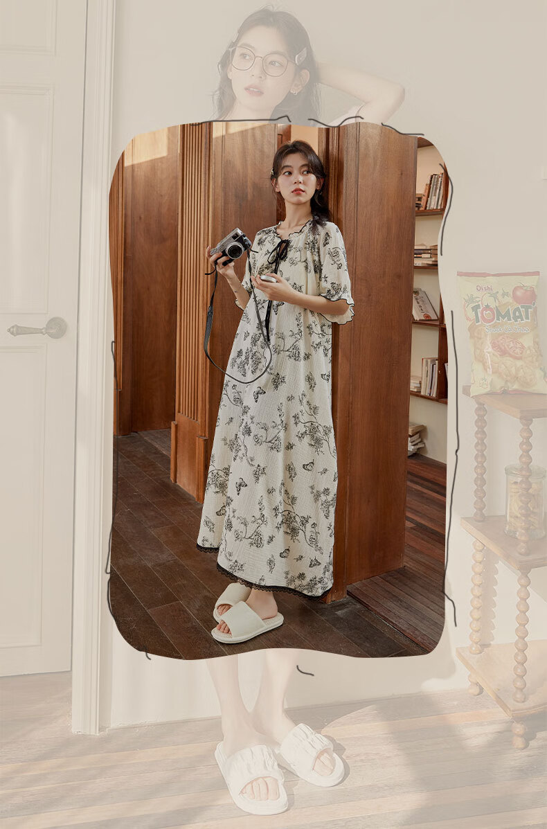 GUJIN Padded Nightgown for Women, Spring And Summer New Sweet Floral Short-Sleeve Thin Age-Reducing Sleepwear Dress, Suitable for Outdoor Wear 8