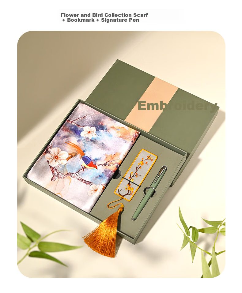 Hangsilu Silk Scarf, Women's Suzhou Embroidery Bookmark Pen Set, Mulberry Silk Shawl Scarf, Gift for Mom's Birthday, High-End Practical Present 20