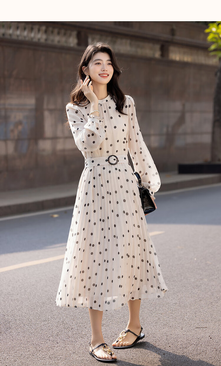Dme [Elegant French Girl] Autumn Vintage Polka Dot Waist-Cinching Pleated Skirt with Ruched Hem, A-Line Women's Dress 10