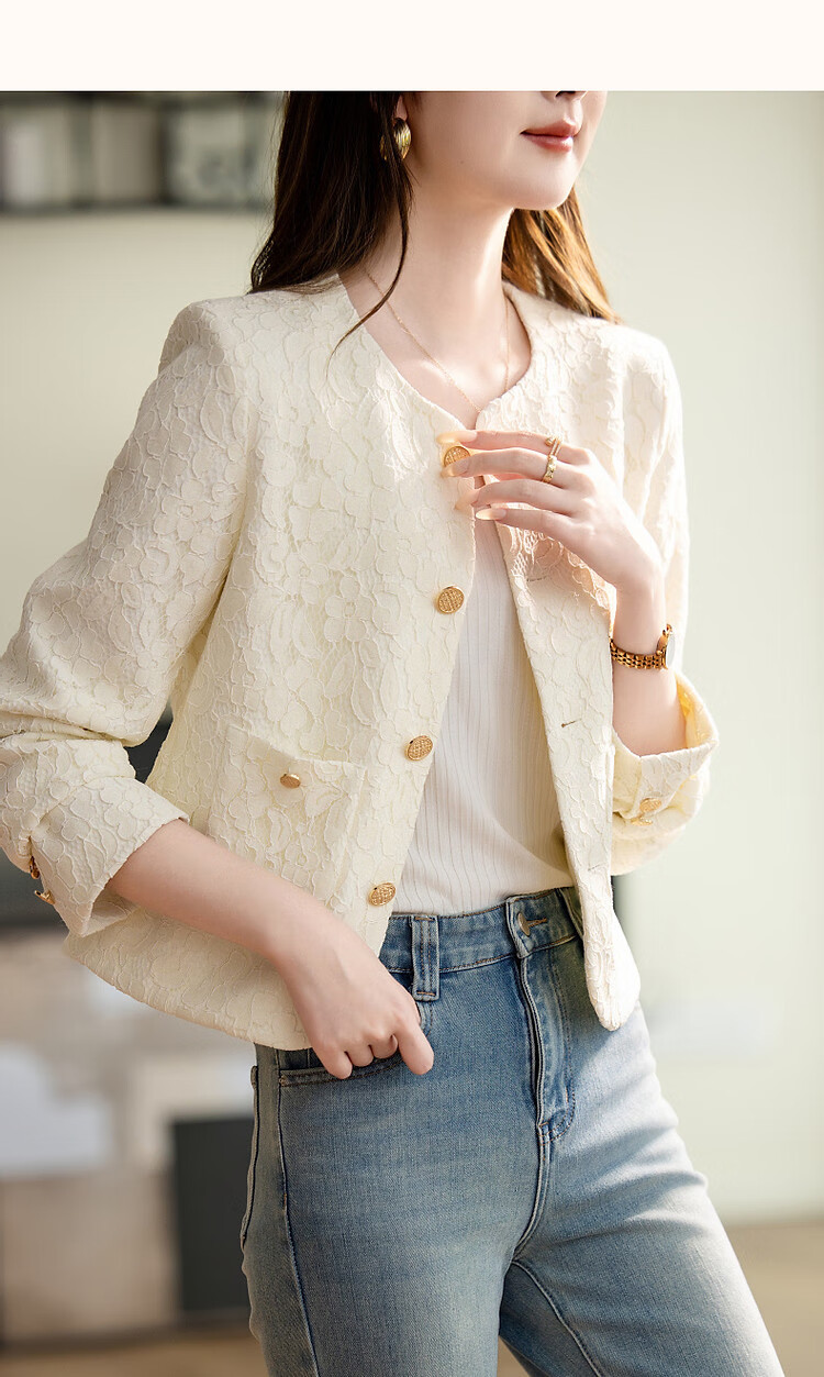 Dme [Sophisticated Fashionista Style] Spring Elegant Chanel-Inspired Lace Round Neck Waist-Cinching Metal Button Fashionable Short Jacket for Wome 12