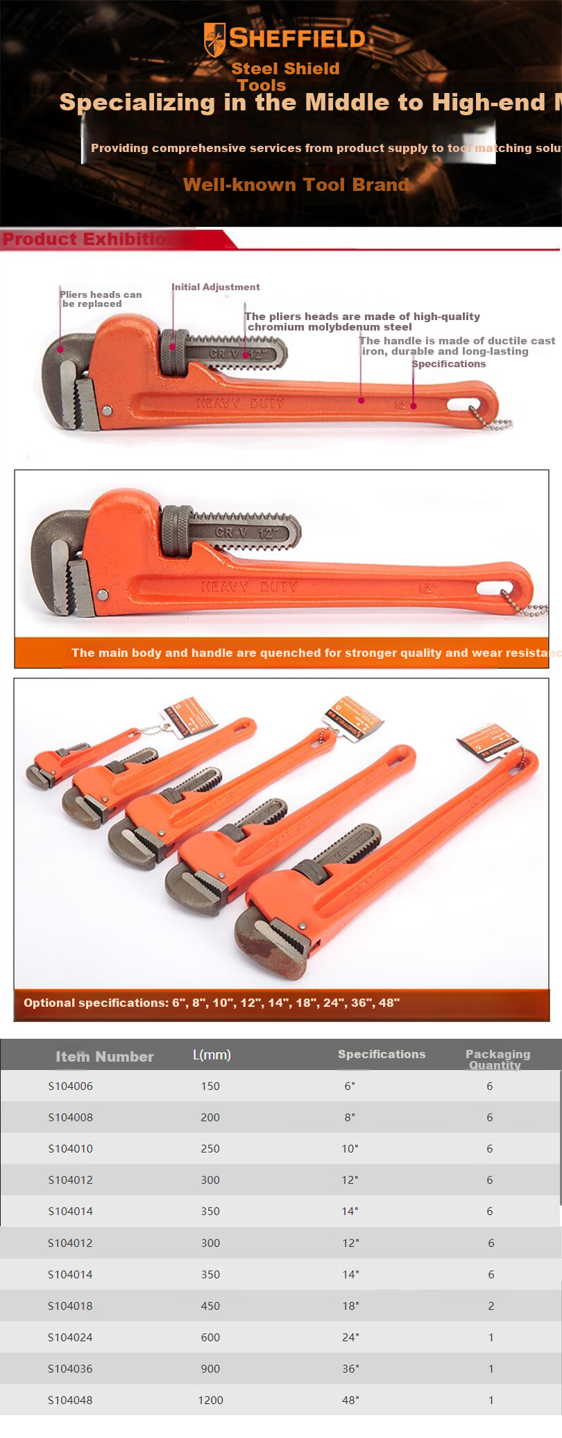 Gangdun SHEFFIELD Pipe Wrench, 6" S104006 1