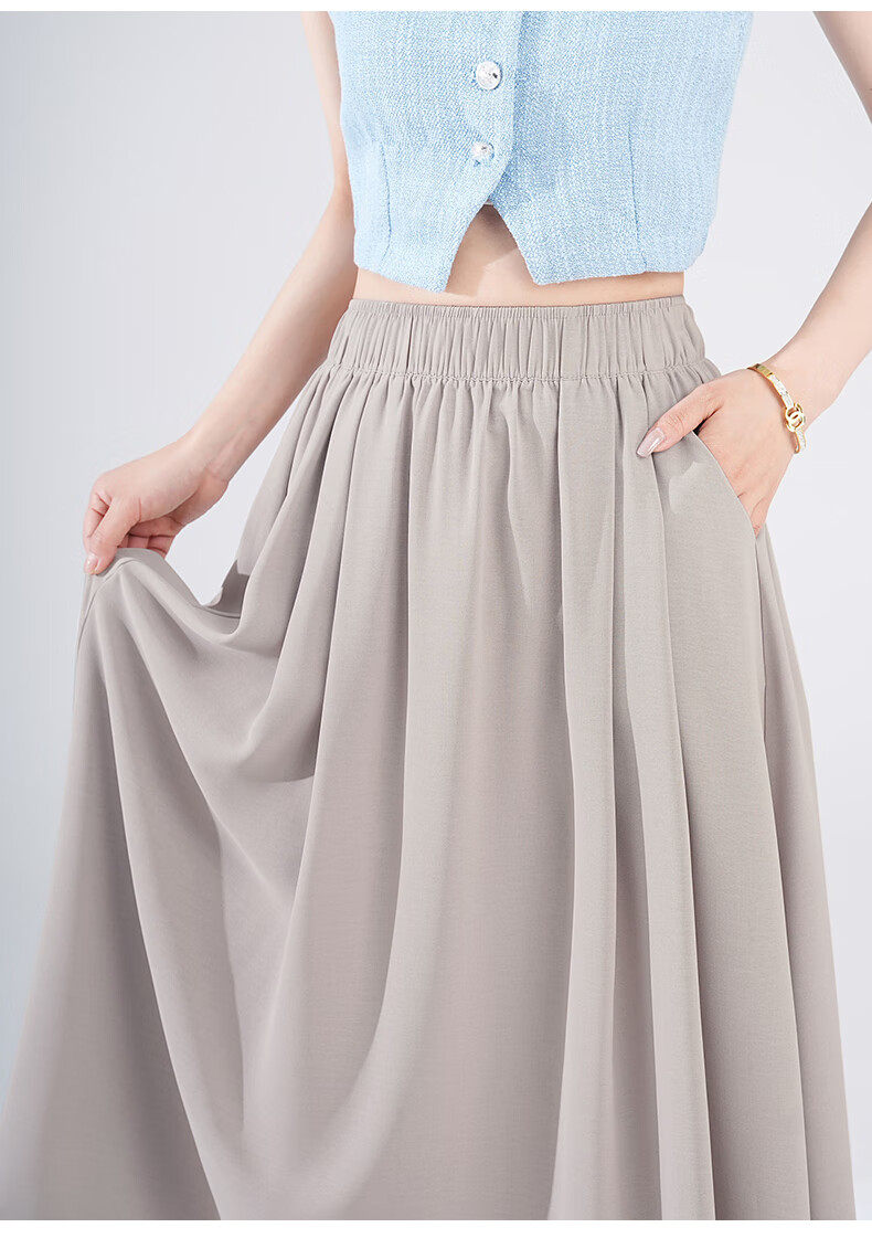 BOPRUIEY Ice Silk Midi Skirt for Women, Summer 2026 Latest Thin Elastic A-Line Draping Wide Hem Umbrella Skirt 19